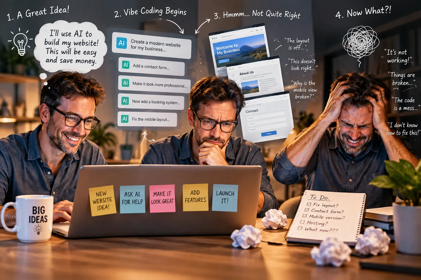 Four panels of a business owner building a website with AI, going from excited to stuck
