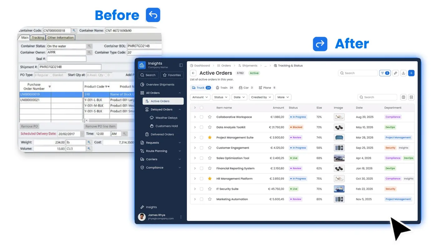 Before and after: a cluttered old order-entry screen beside a clean, modern dashboard