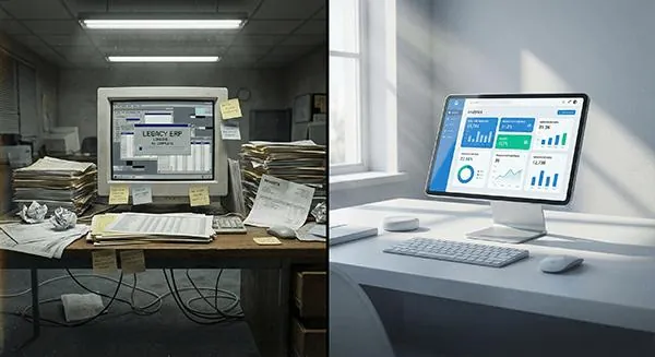An old computer running legacy software on a cluttered desk, beside a modern workstation showing a clean dashboard