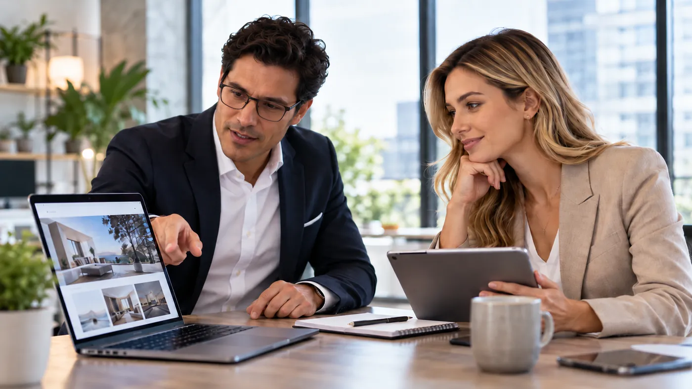 A consultant walking a business owner through a website on a laptop