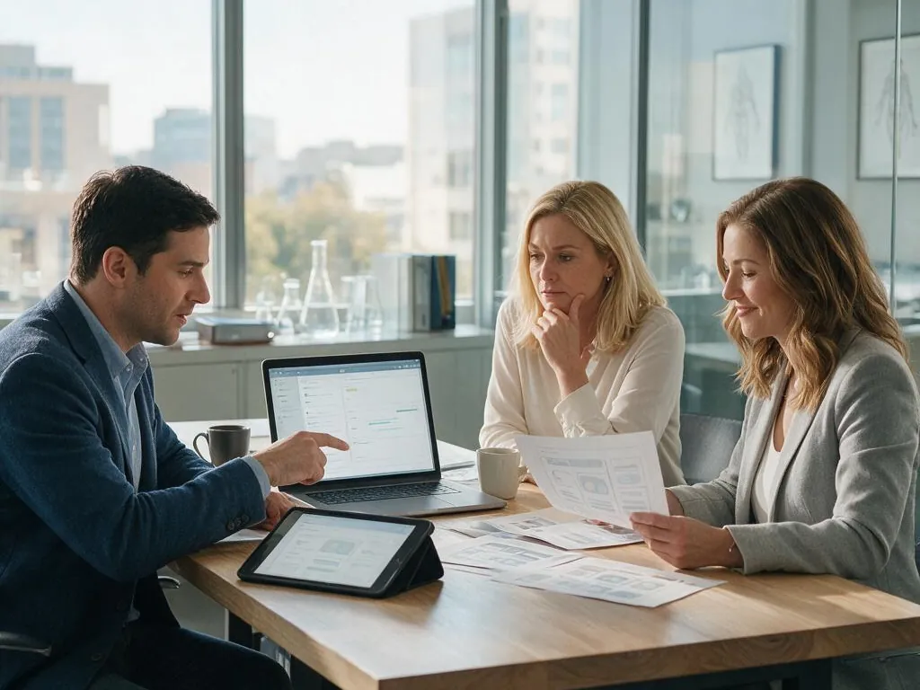 Business owners reviewing website plans together at a conference table
