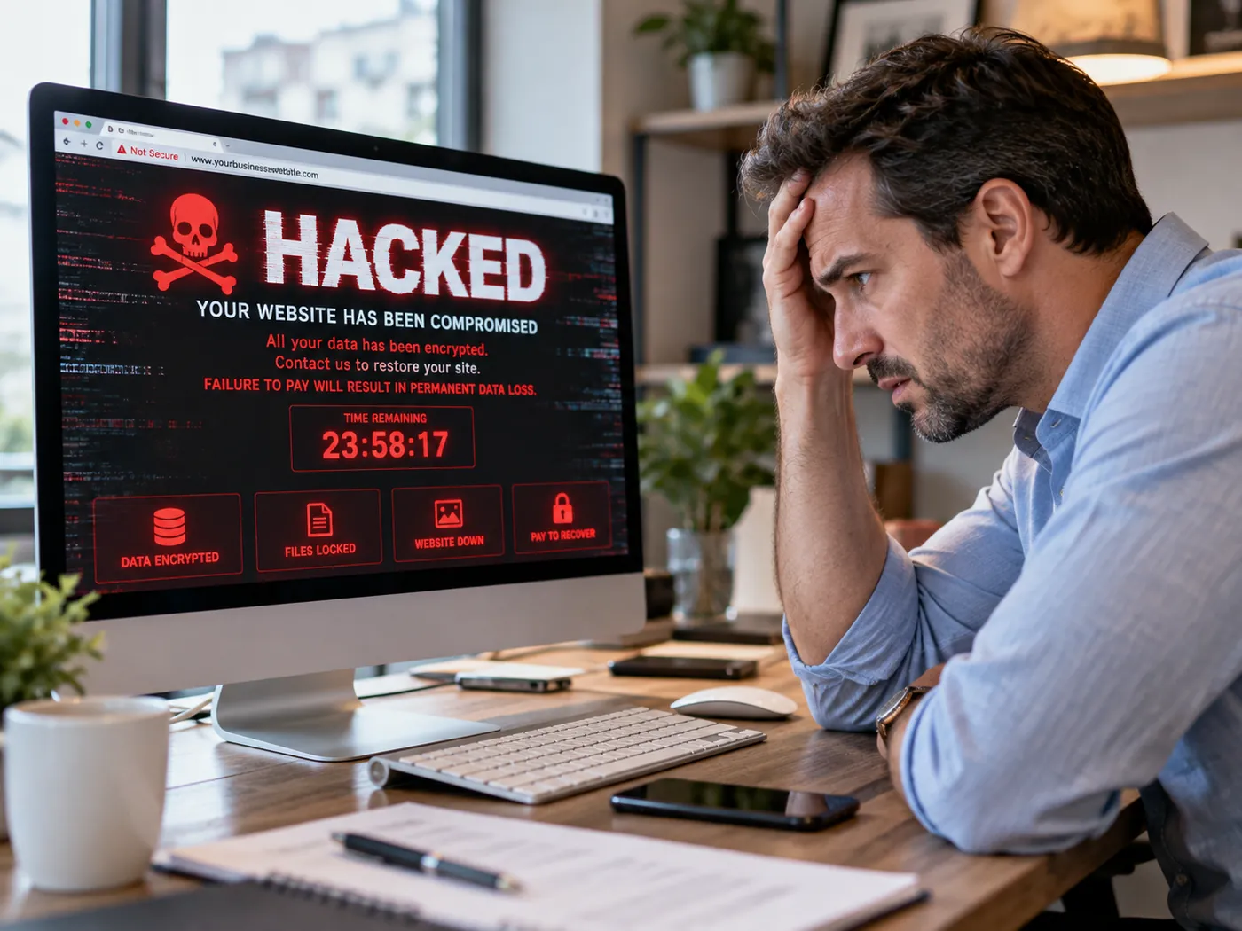 A worried business owner staring at a screen that says the website has been hacked